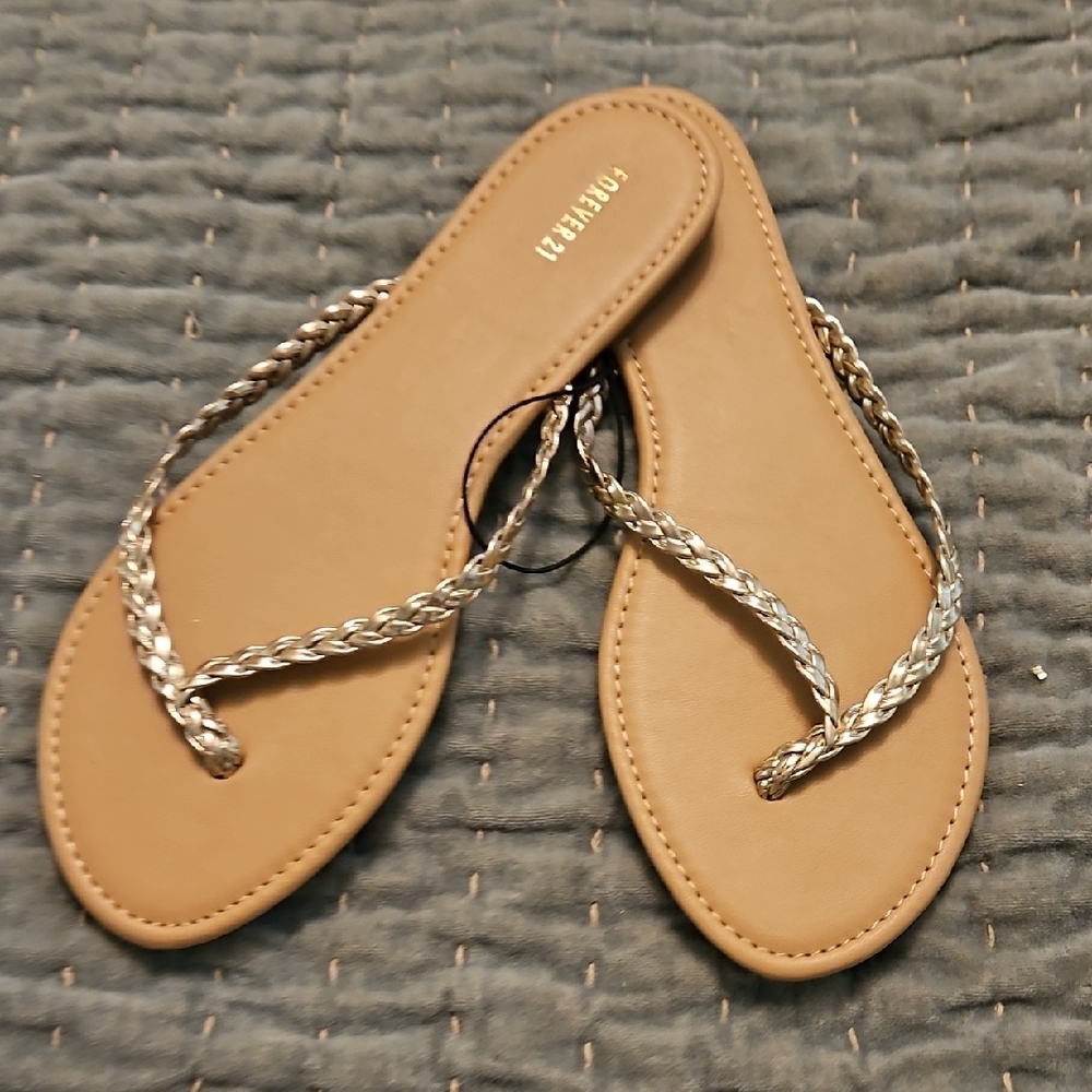 New, Forever 21, Gold Flip Flops with Braided Straps, Size 8